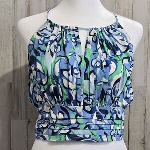 Japna Blue Green White Abstract Open Back Keyhole Front Crop Top Size Medium